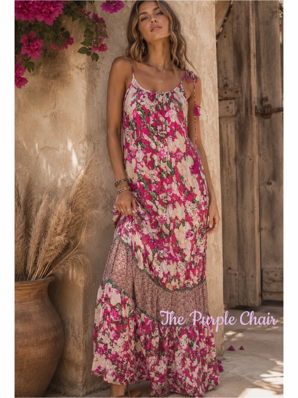 MISS JUNE Boho Pink Floral Embroidered Embellished Tie Strap Flowy Maxi Dress
